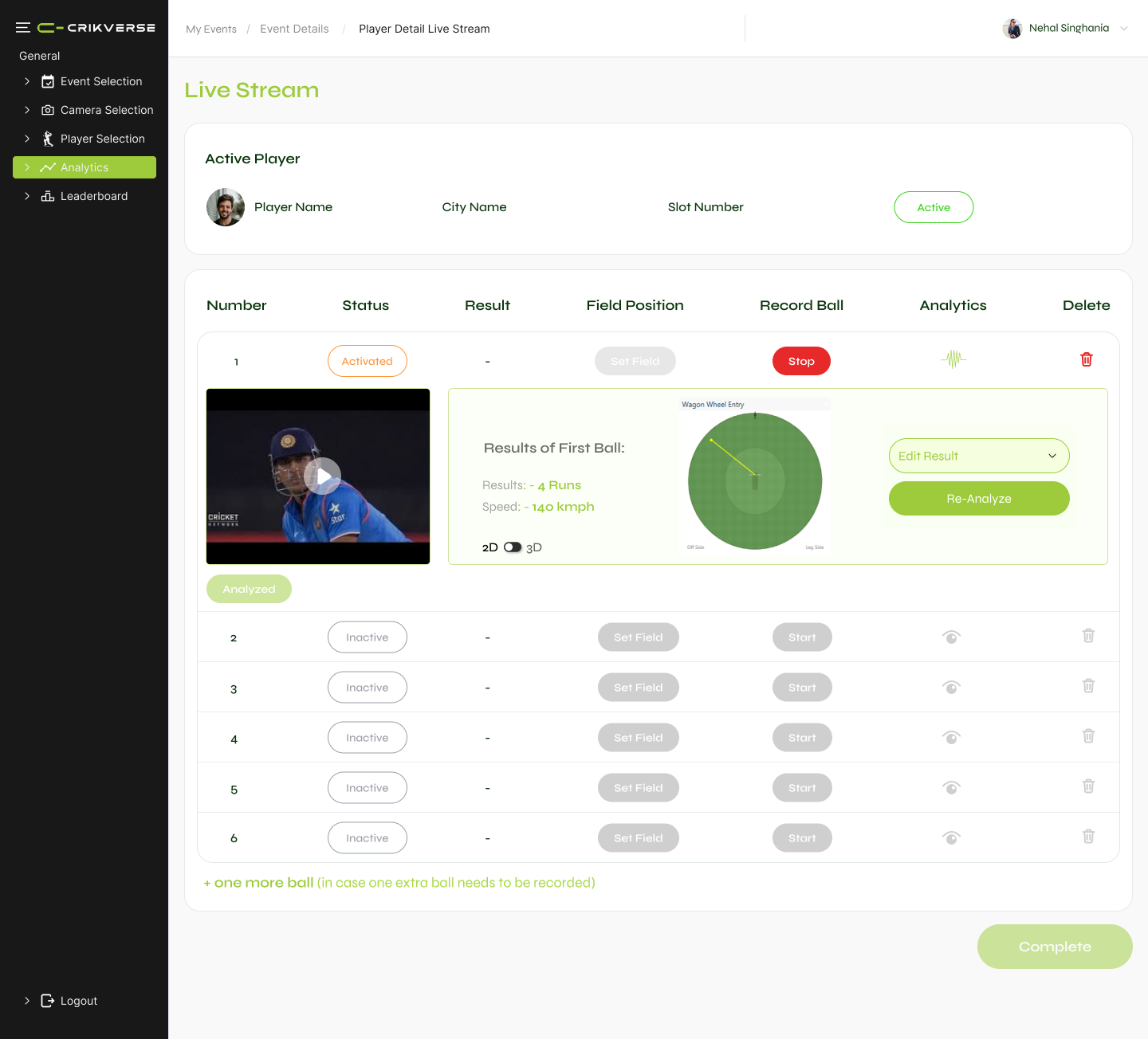 CrikVerse live match dashboard with ball analysis, video and player statistics