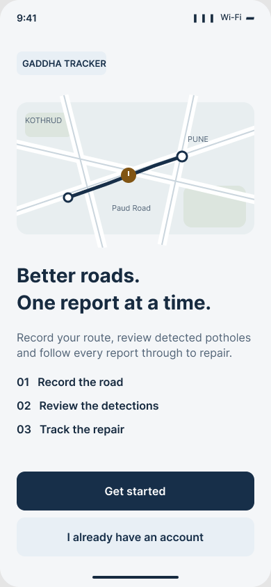 Gaddha Tracker welcome screen
