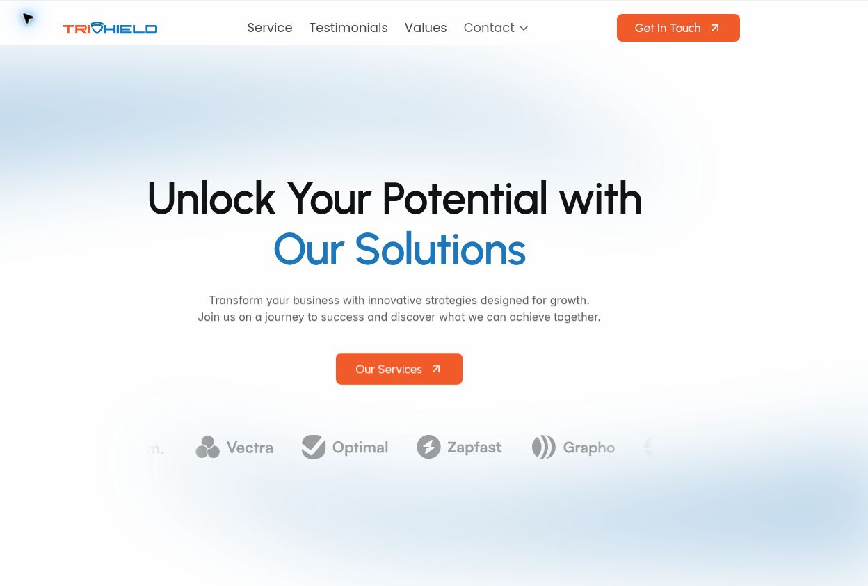 Actual TriShield homepage with blue typography, orange buttons and the headline Unlock Your Potential with Our Solutions